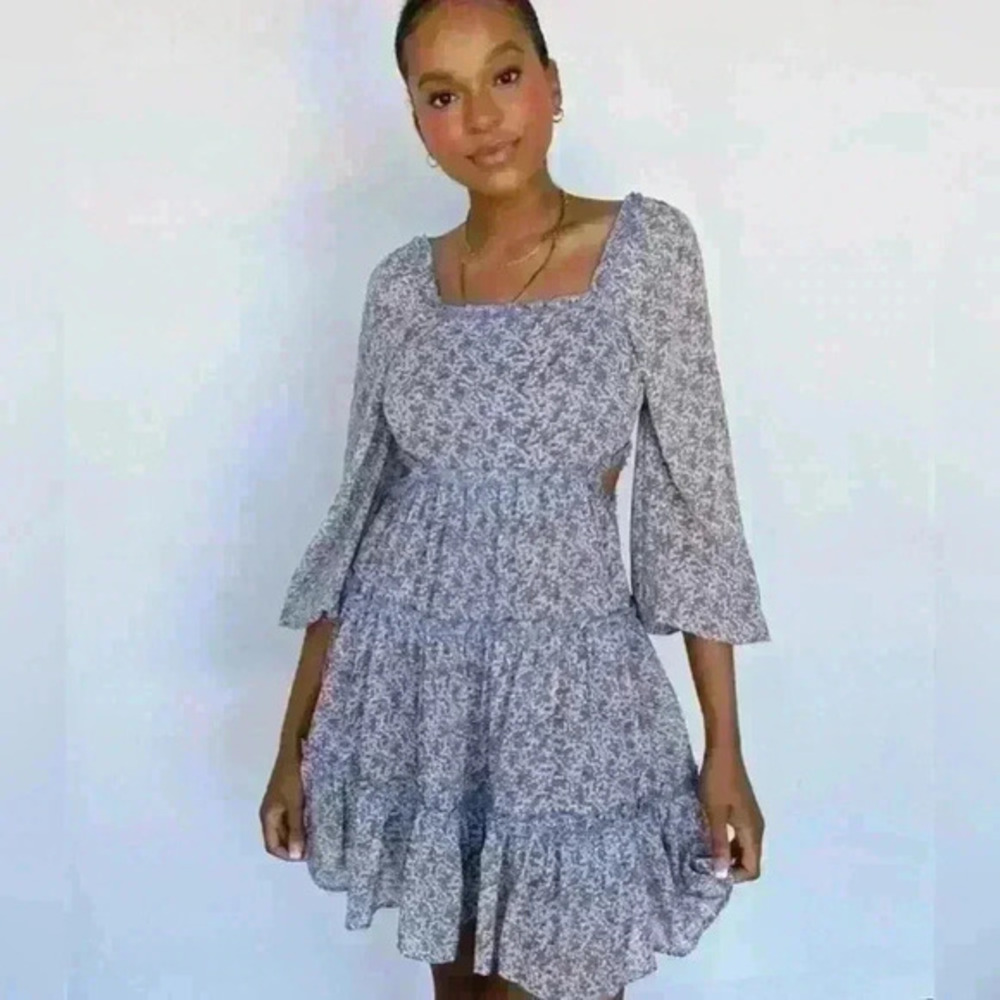 Ditsy Floral Long Sleeve Cut Outs Blue Orange Dress Ruffles Size Small